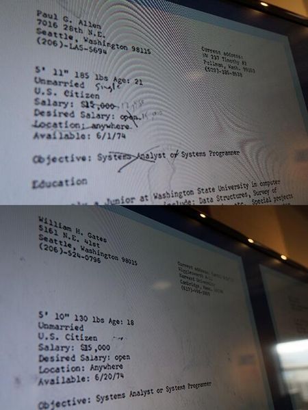 Hồ sơ xin việc của Paul Allen (trên) và Bill Gates (dưới)
