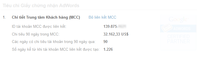 Tiêu chí Giấy chứng nhận AdWords